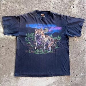 Vintage Nature Wolf T-Shirt 90s Galaxy XL Black Faded Tsi